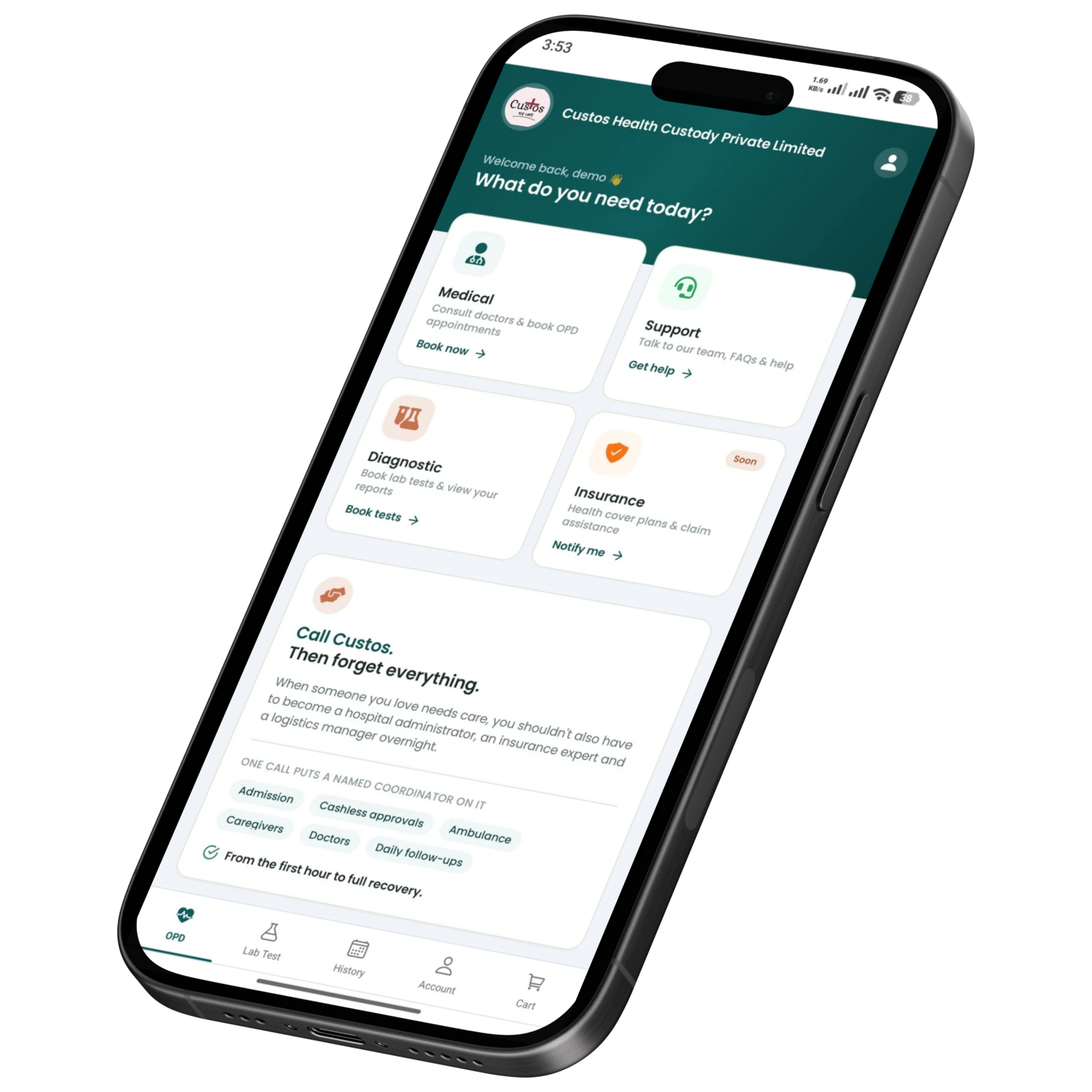 The Custos Health app open on a phone, asking 'What do you need today?' above shortcuts for Medical, Support, Diagnostic and Insurance